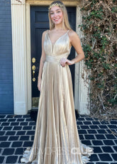 Eudora |Long Gold Prom Dress Metallic With A Line V Neck Plunging Pleated - Gold - PromDressClub